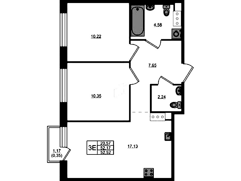 2-комнатная квартира 52.17 м², 5/5 эт., ЖК «Plus Пулковский»